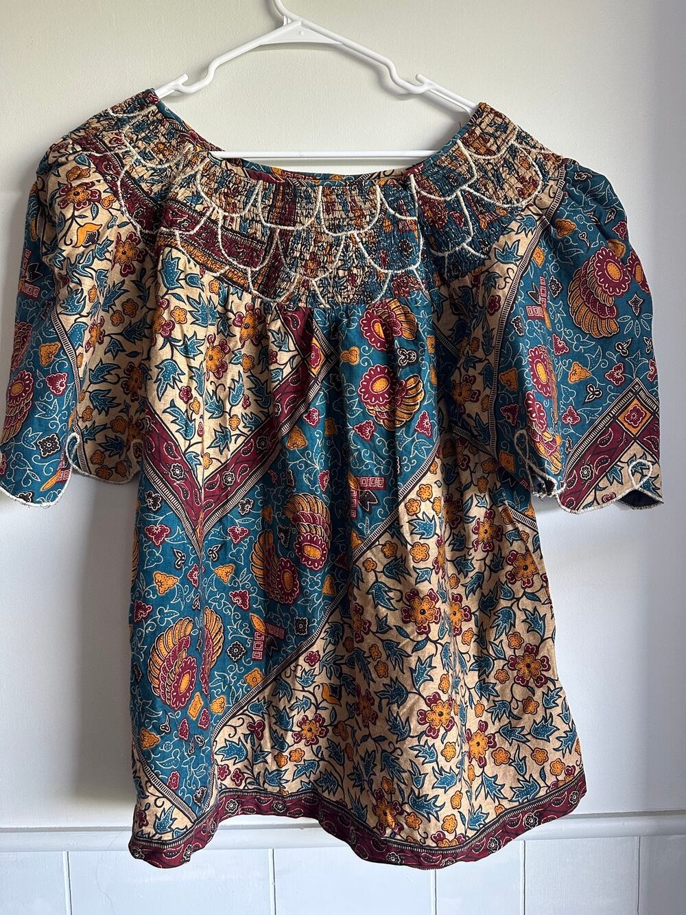 Boho Smocked Neck Batik Floral Print Blouse Top Blue Mustard Yellow